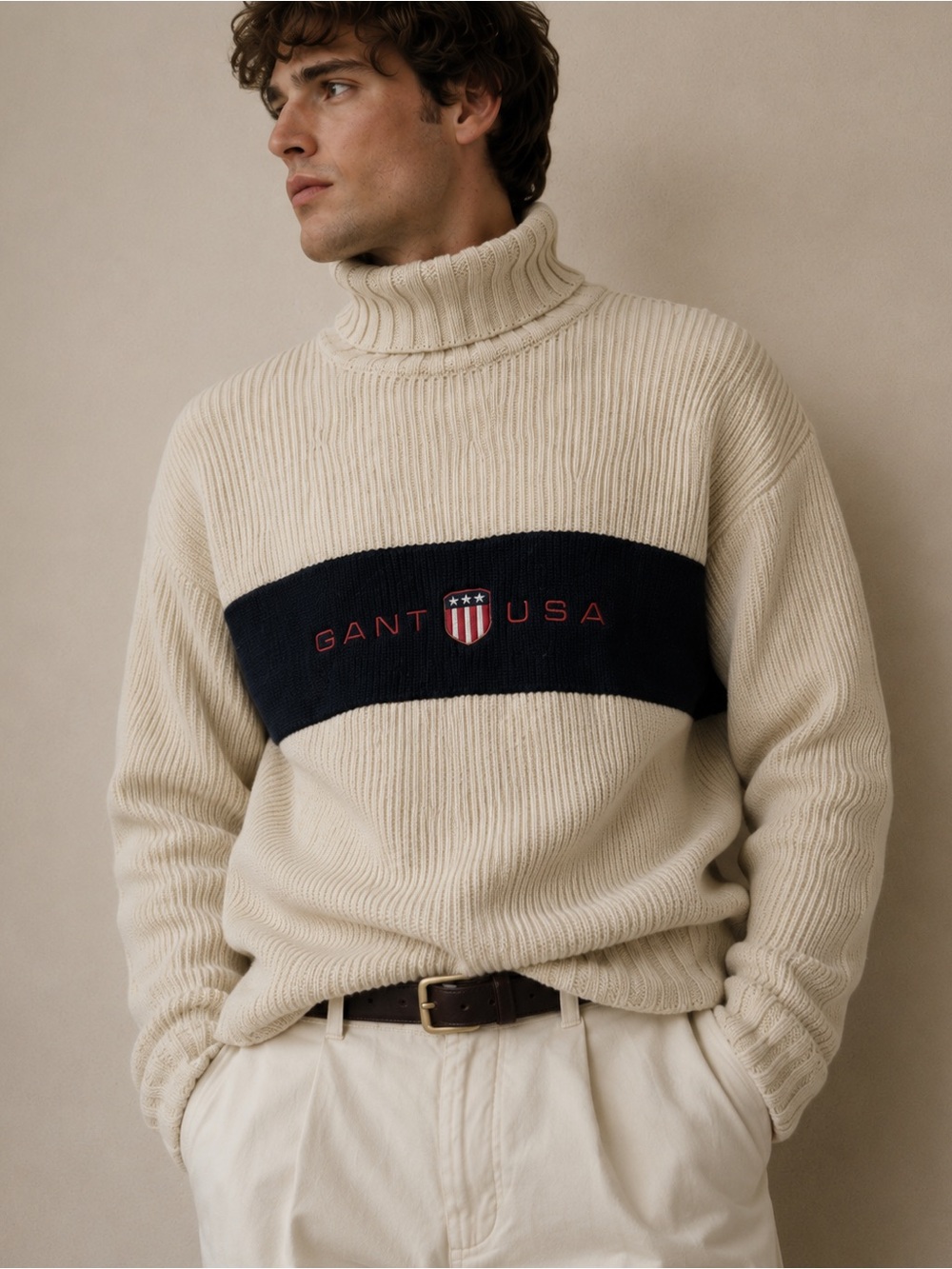 1990’s Vintage Gant Cream Turtleneck Sweater with Navy Chest Band